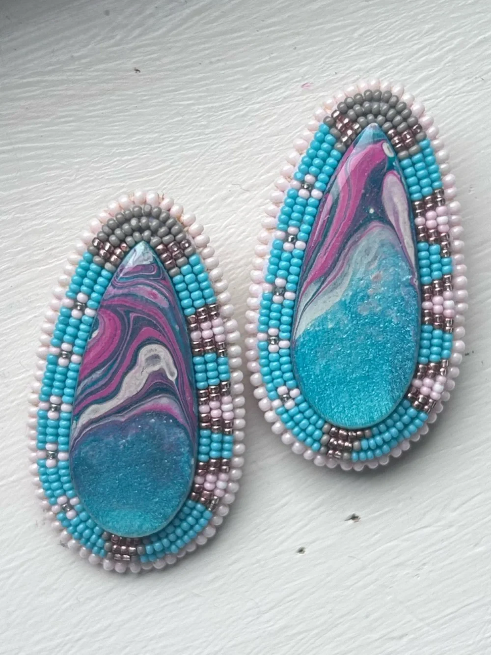 Hand Crafted Teardrop Earrings in Turquoise, Pink and Silver - Picture 2 of 5